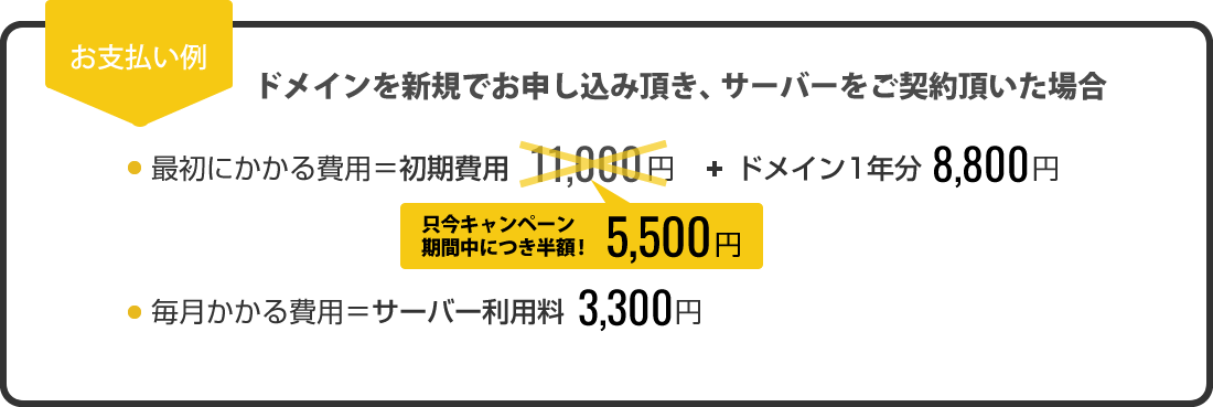 マックスマシーンで新規ドメインとレンタルサーバー『ON.STAGE』をご契約頂いた場合のお支払い例